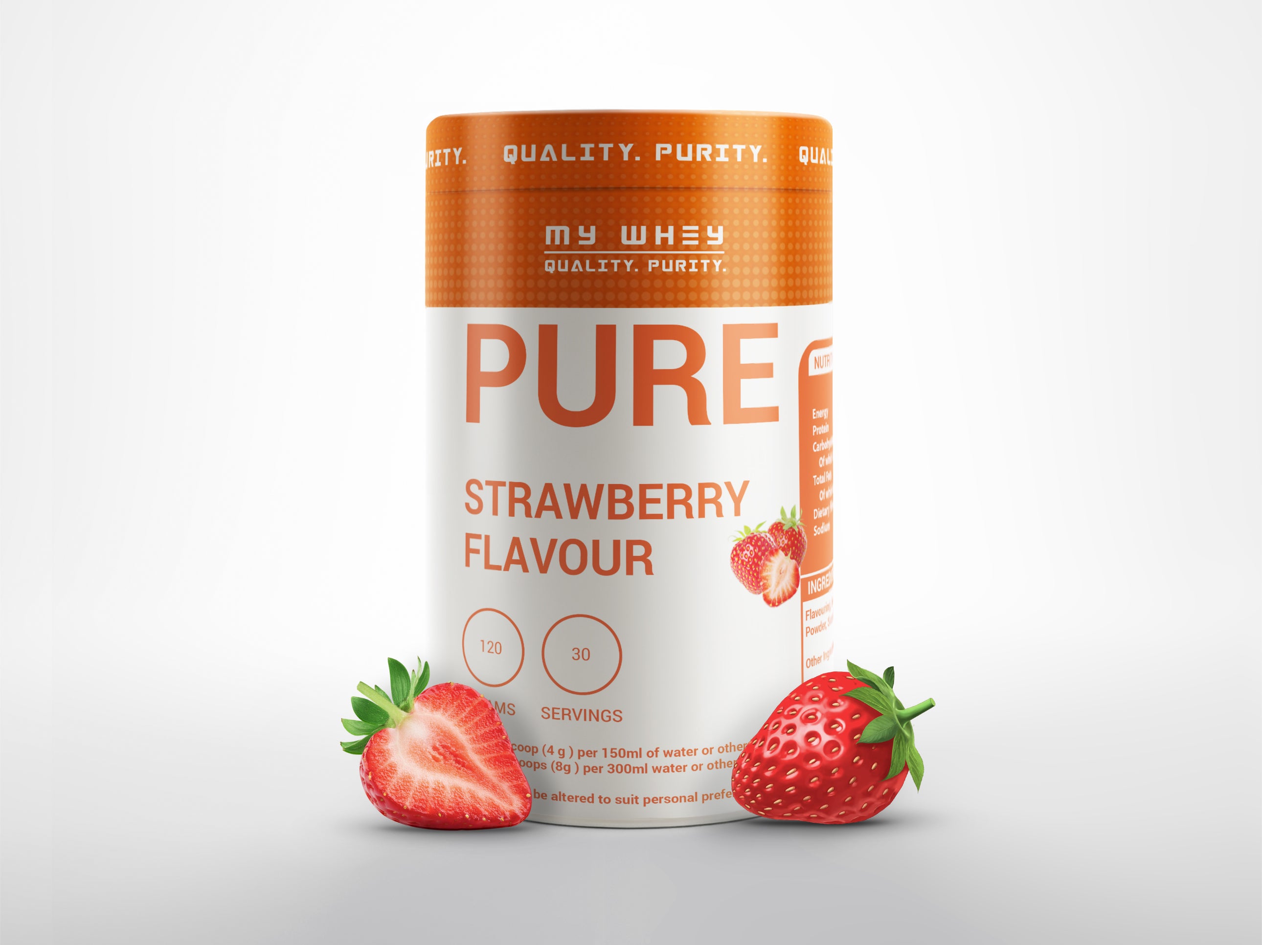 My Whey Container of 'PURE' Strawberry flavoured supplement with strawberries on a white background
